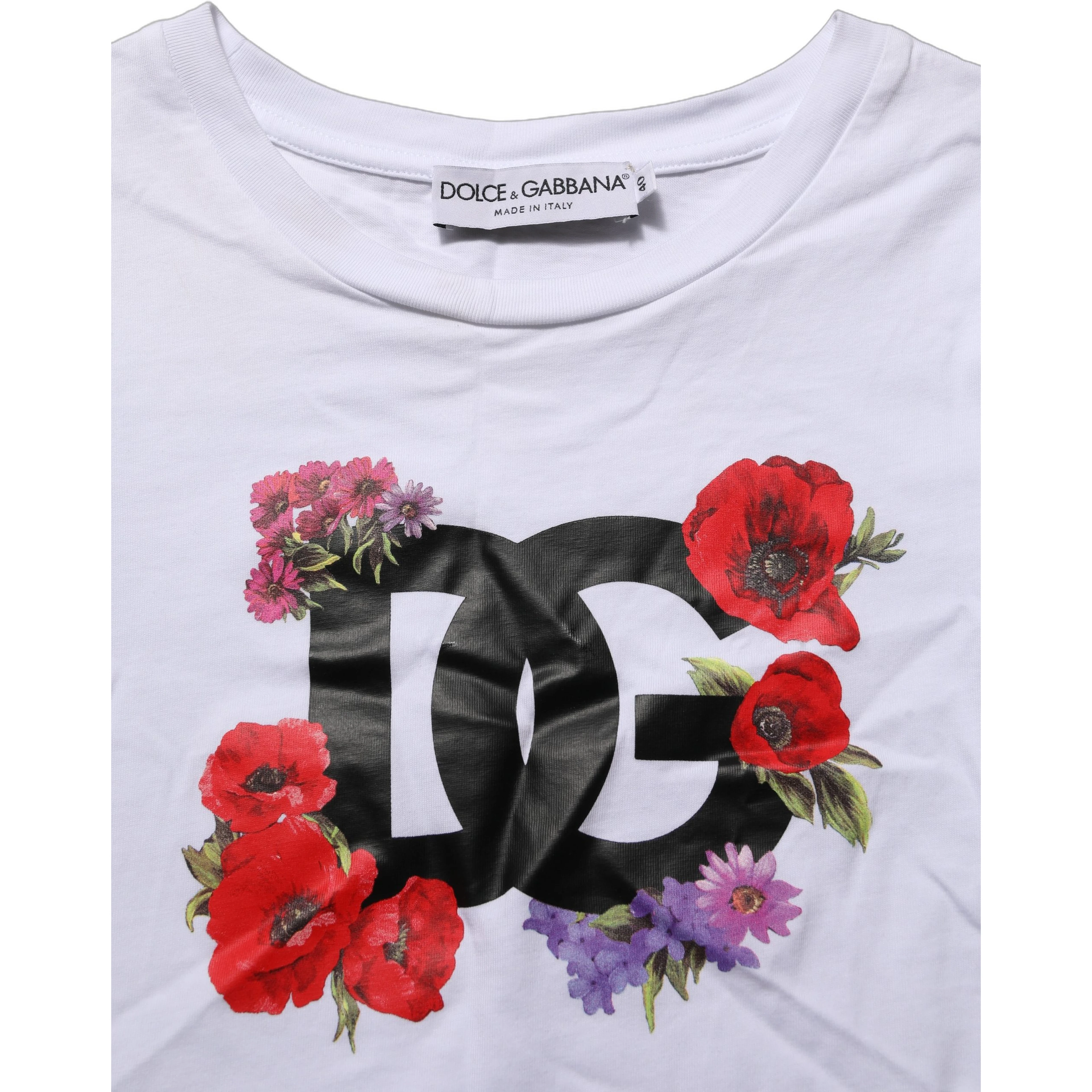 White Floral Logo Cotton Round Neck T-shirt