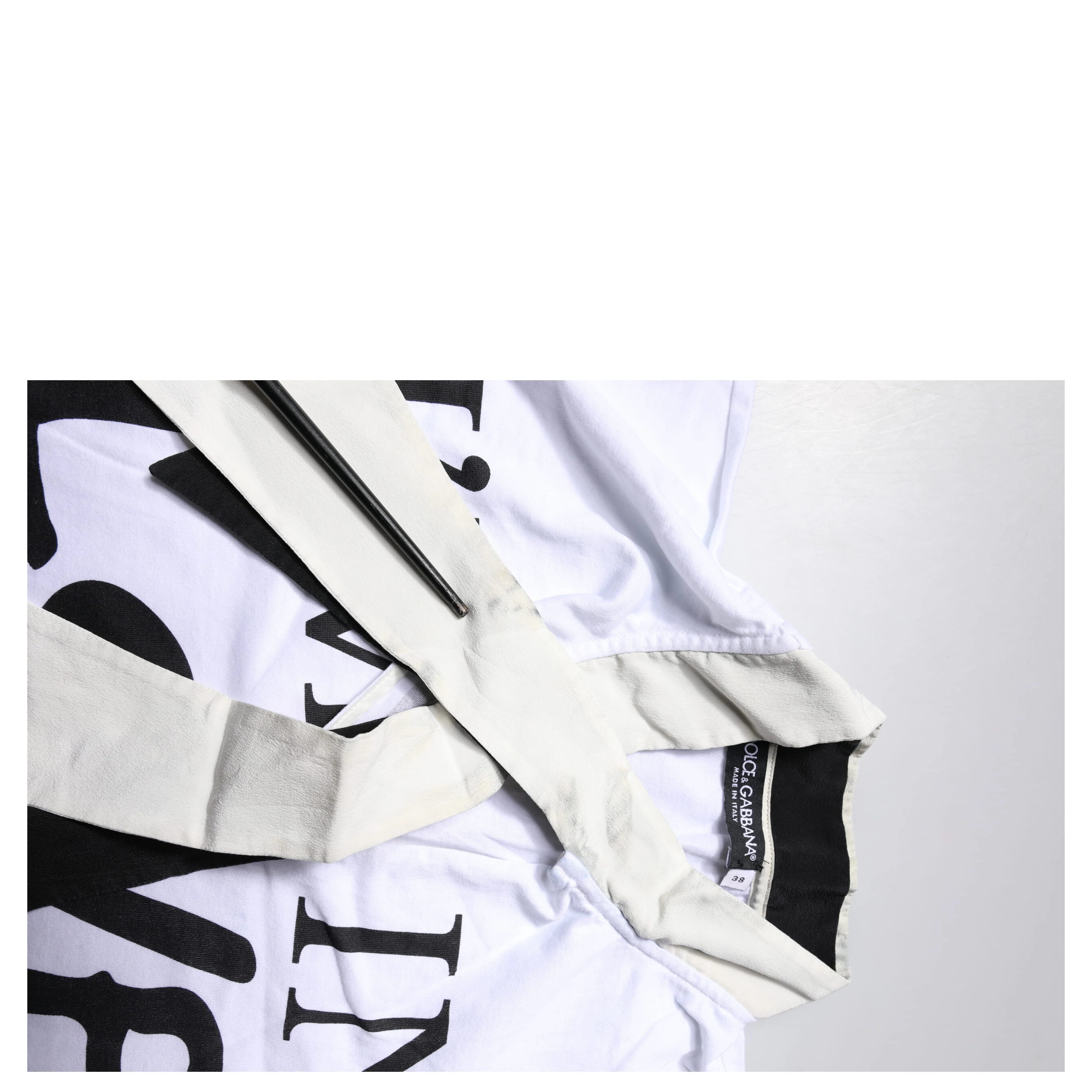 White Cotton Silk Blend Ascot Collar T-shirt