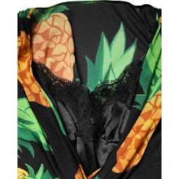 Black Silk Pineapple Draped Print Wrap Dress