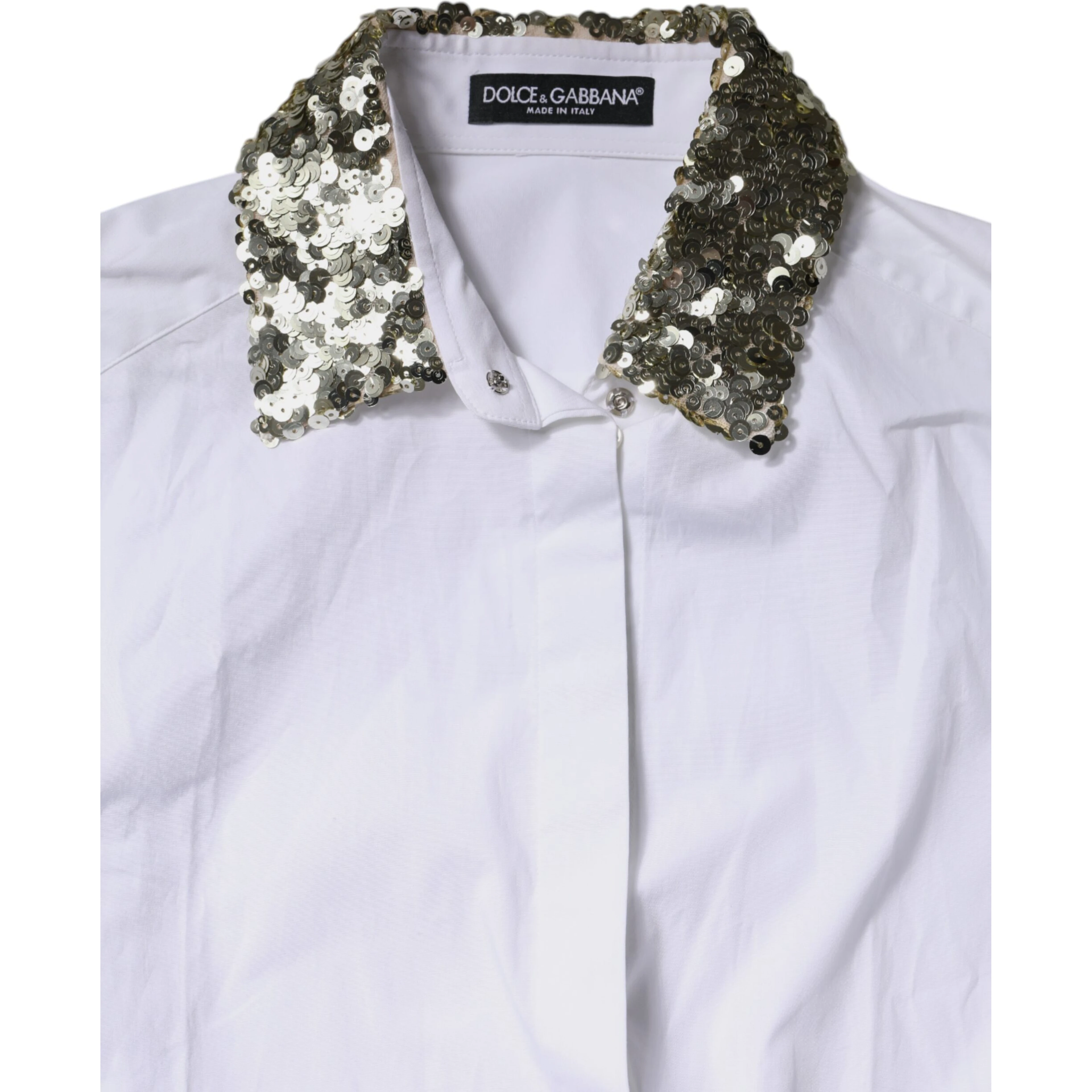 White Cotton Long Sleeves Sequin Shirt Top