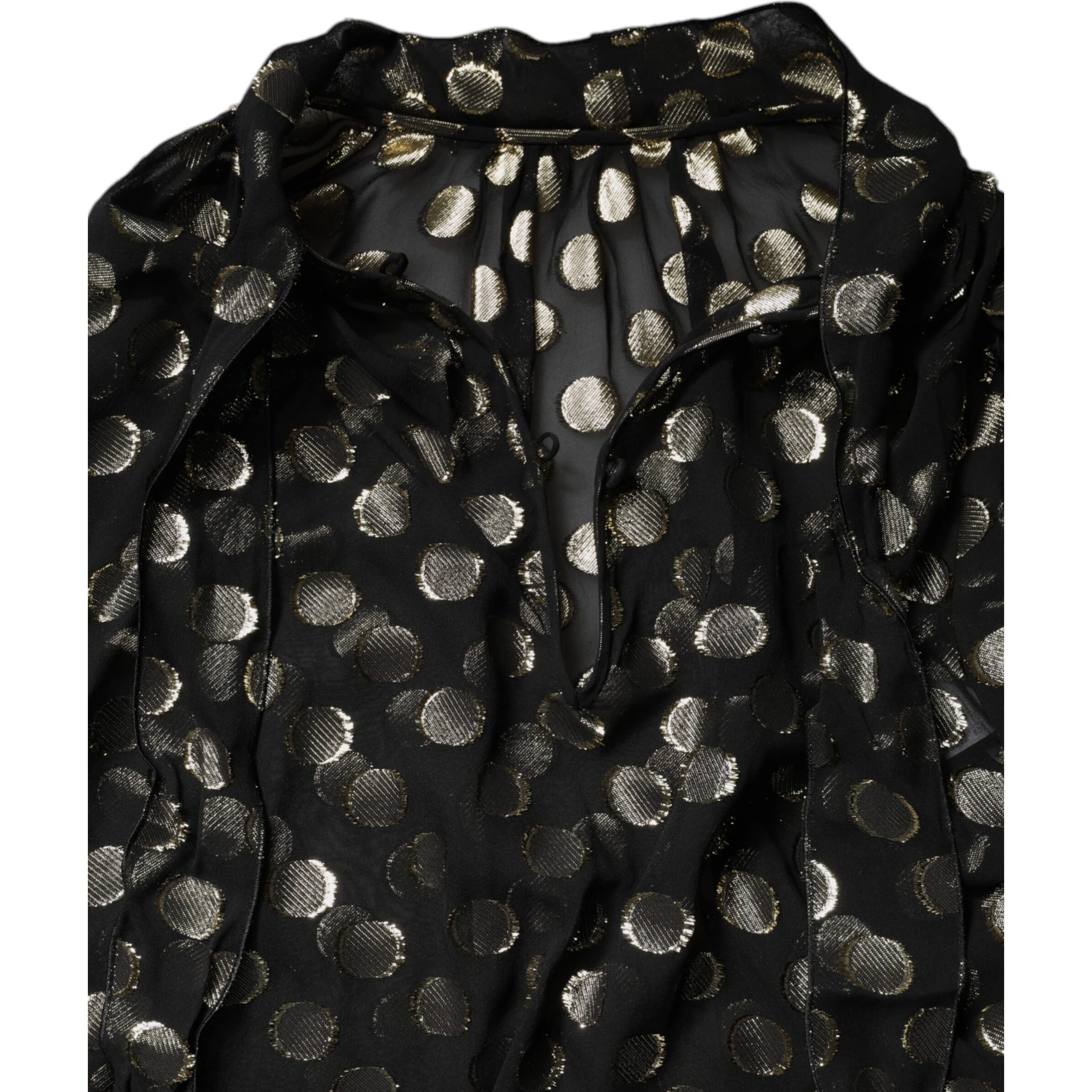 Black Sheer Tied Neck Polka Dots Blouse Top