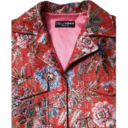 Red Floral Jacquard Button Down Coat Jacket