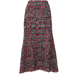 Red Check Frayed Knit Midi Skirt