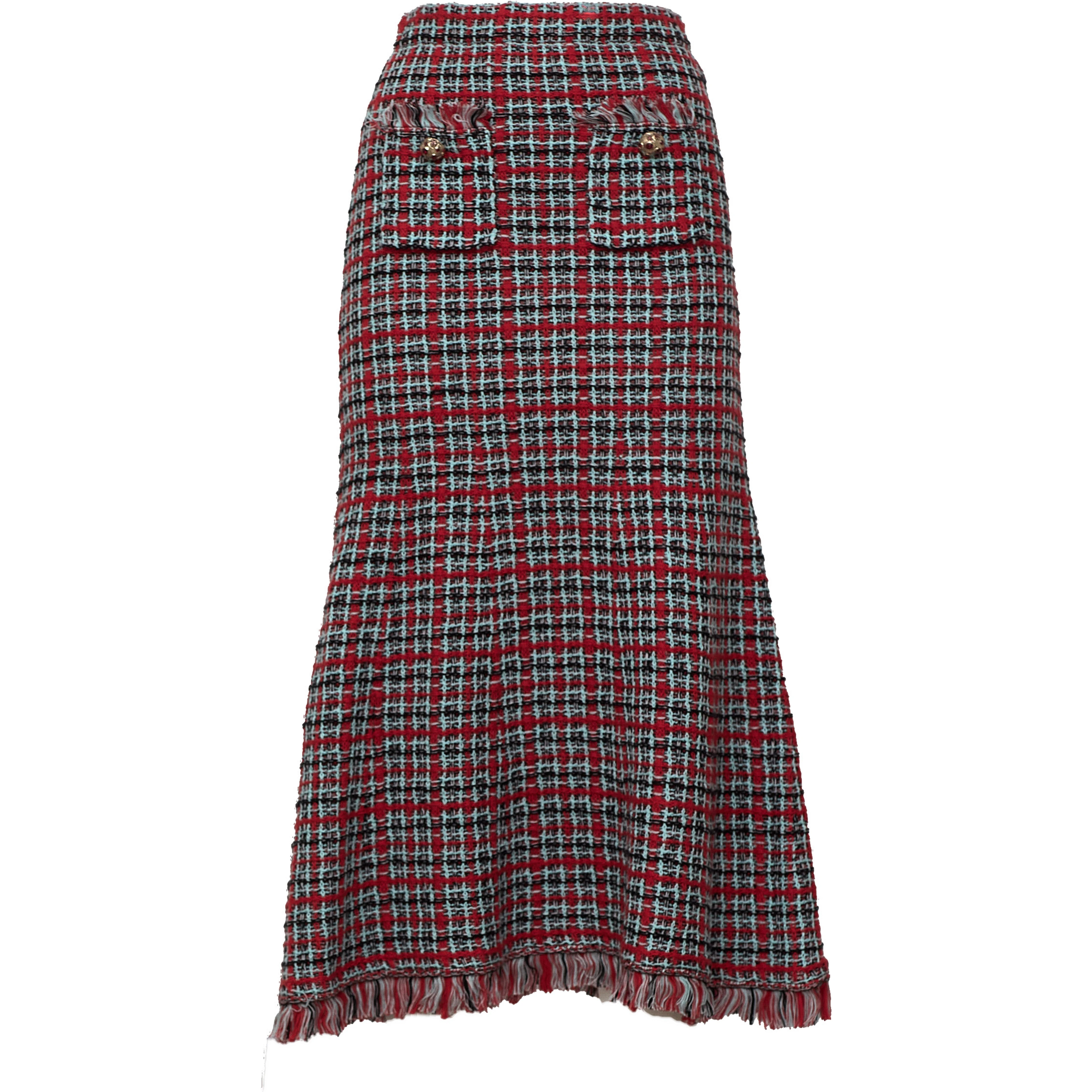 Red Check Frayed Knit Midi Skirt