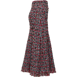 Red Check Frayed Knit Midi Skirt