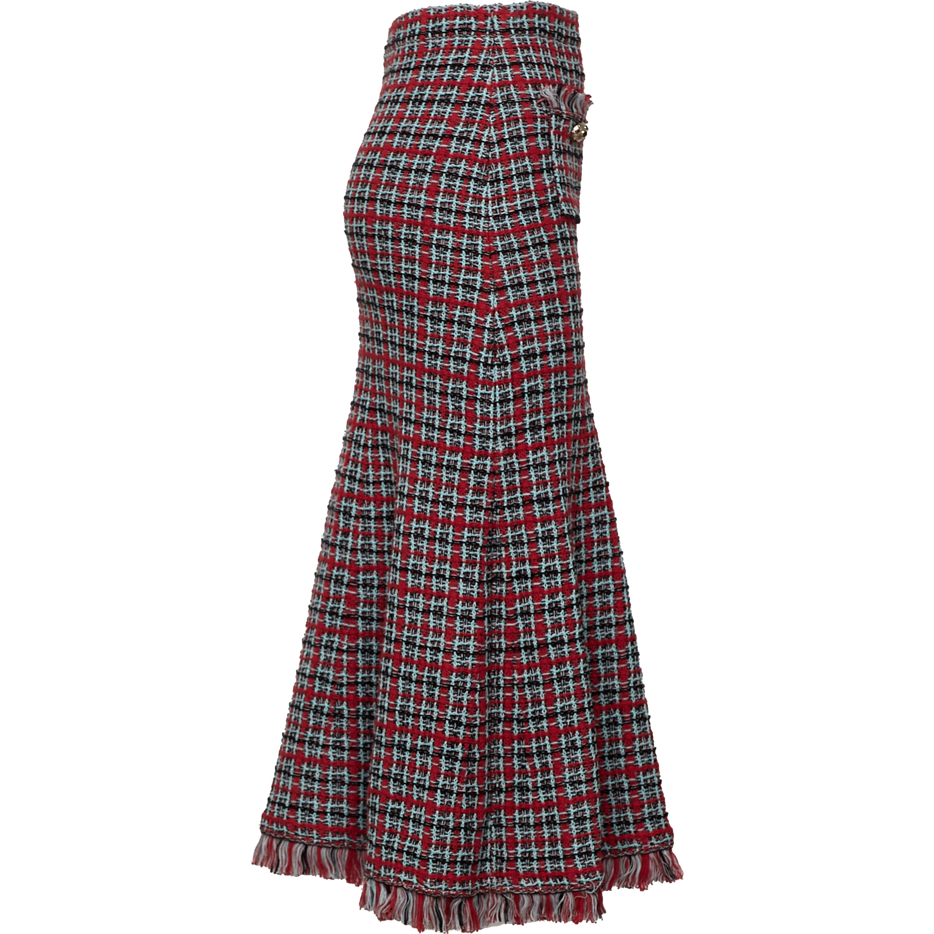 Red Check Frayed Knit Midi Skirt