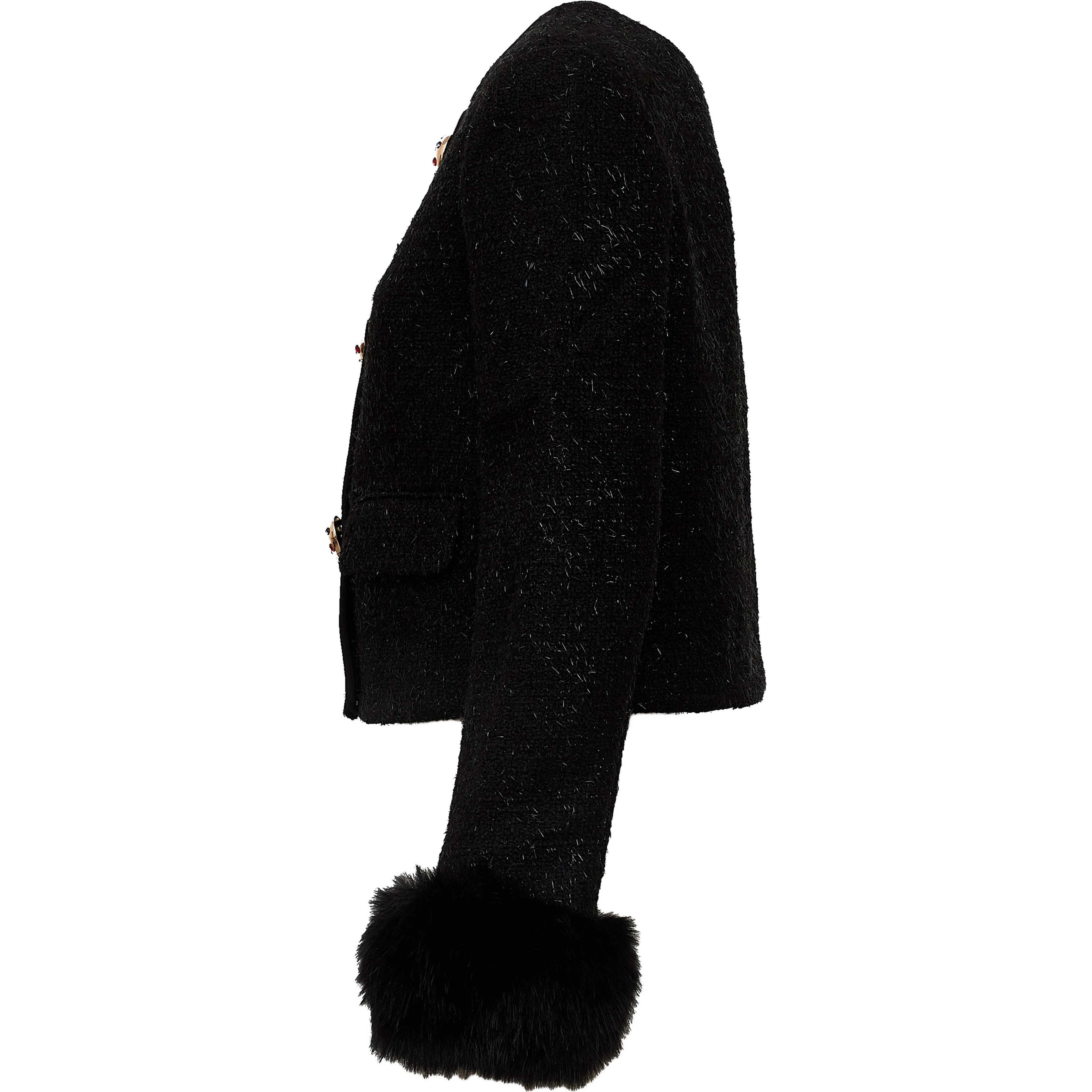 Black Metallic Boucle Fur Cuff Jacket