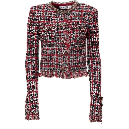 Red Check Frayed Knit Jacket