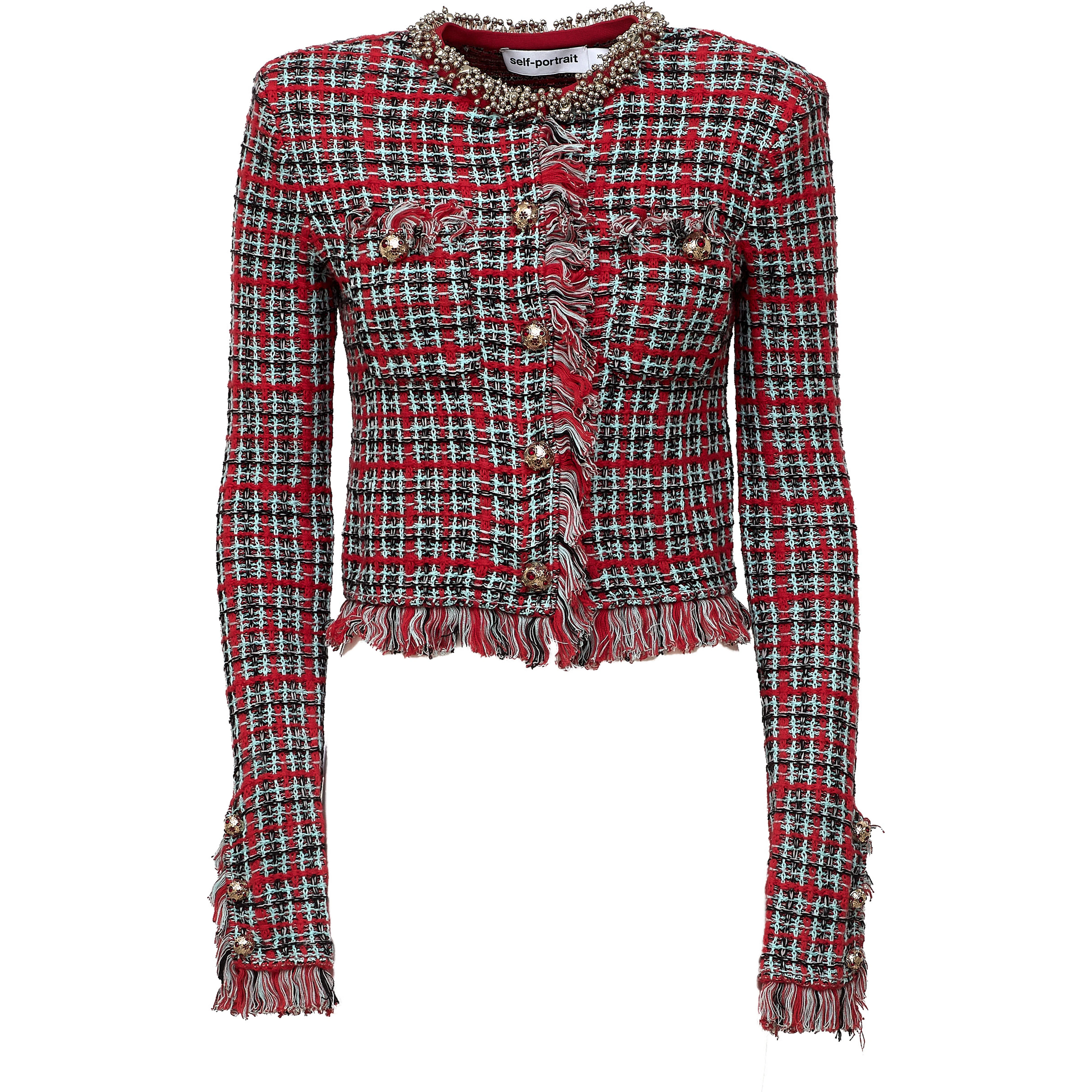 Red Check Frayed Knit Jacket