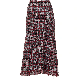 Red Check Frayed Knit Midi Skirt