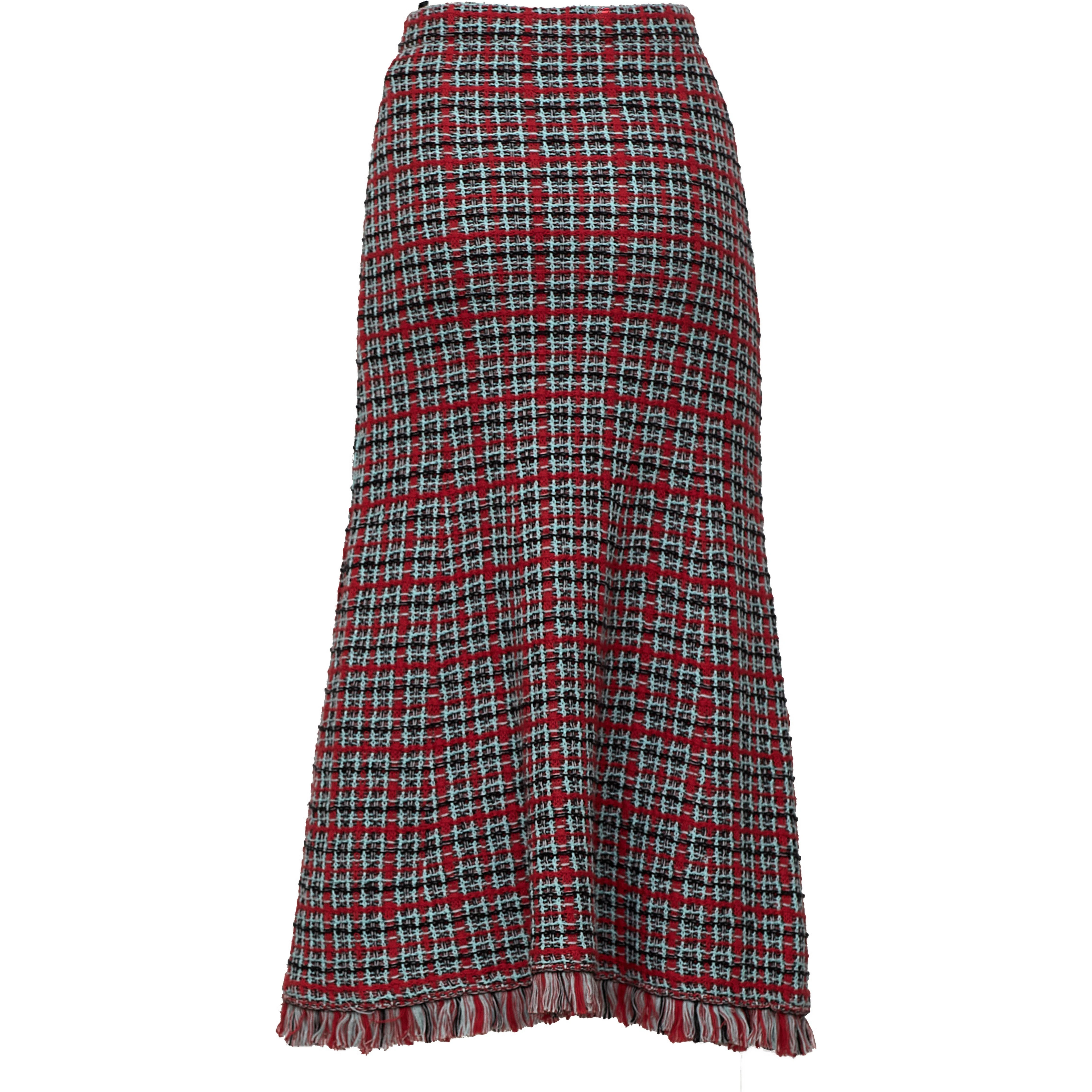 Red Check Frayed Knit Midi Skirt