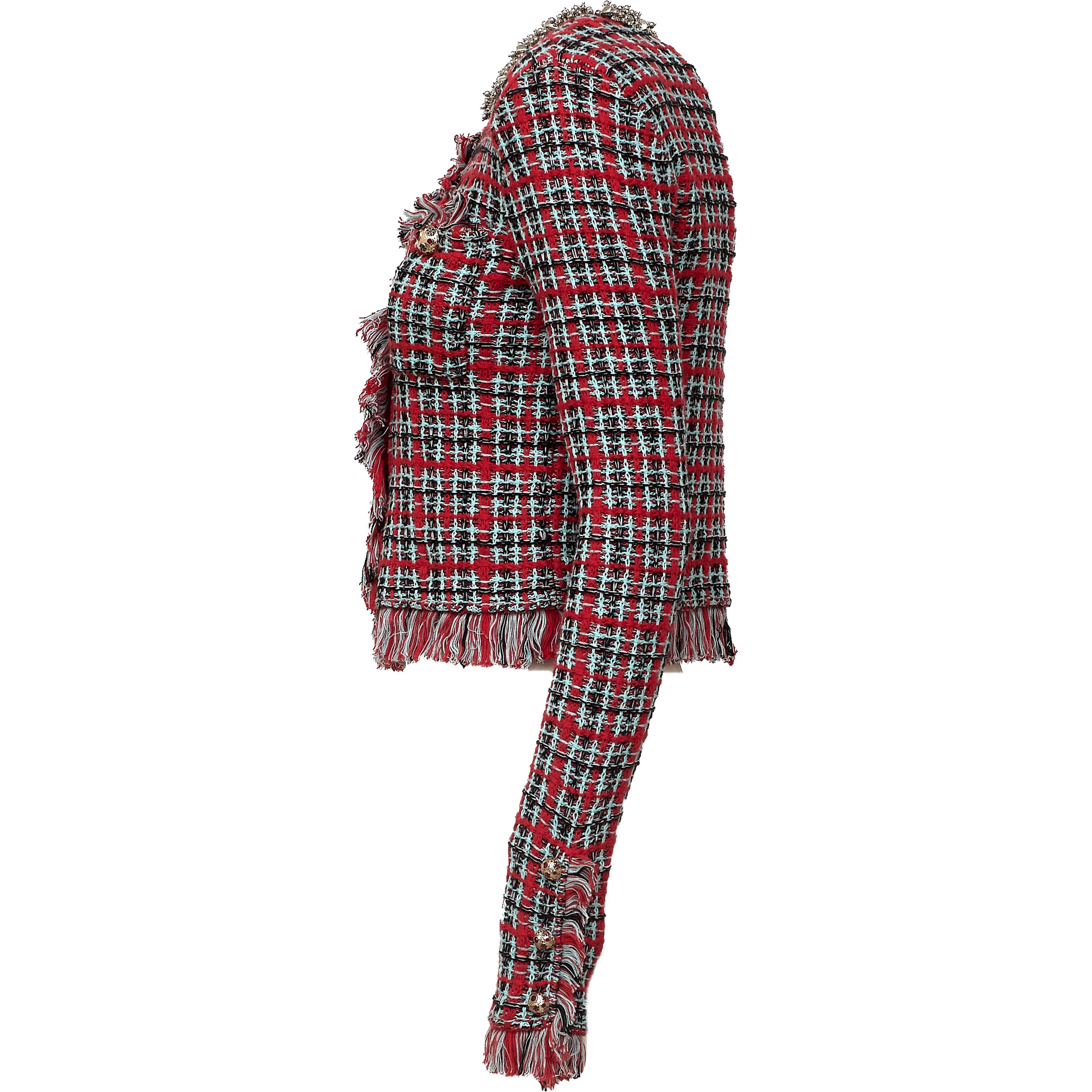 Red Check Frayed Knit Jacket