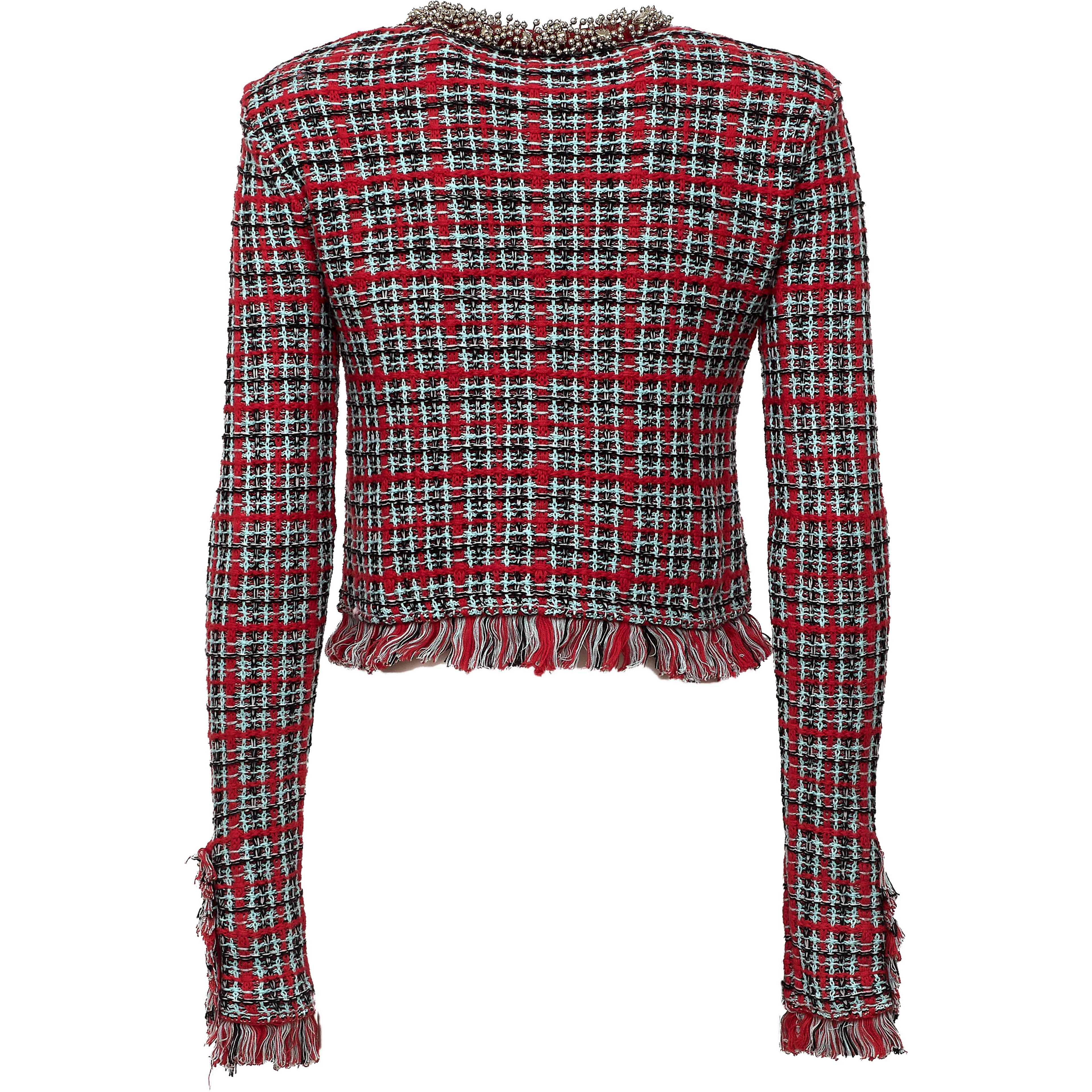 Red Check Frayed Knit Jacket