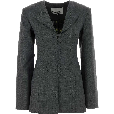 WOOL MELANGE SUITING LONG BUTTON BLAZER