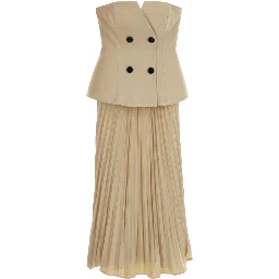 BEIGE BANDEAU PLEATED MIDI DRESS