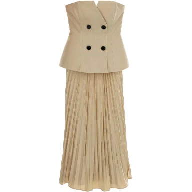 BEIGE BANDEAU PLEATED MIDI DRESS