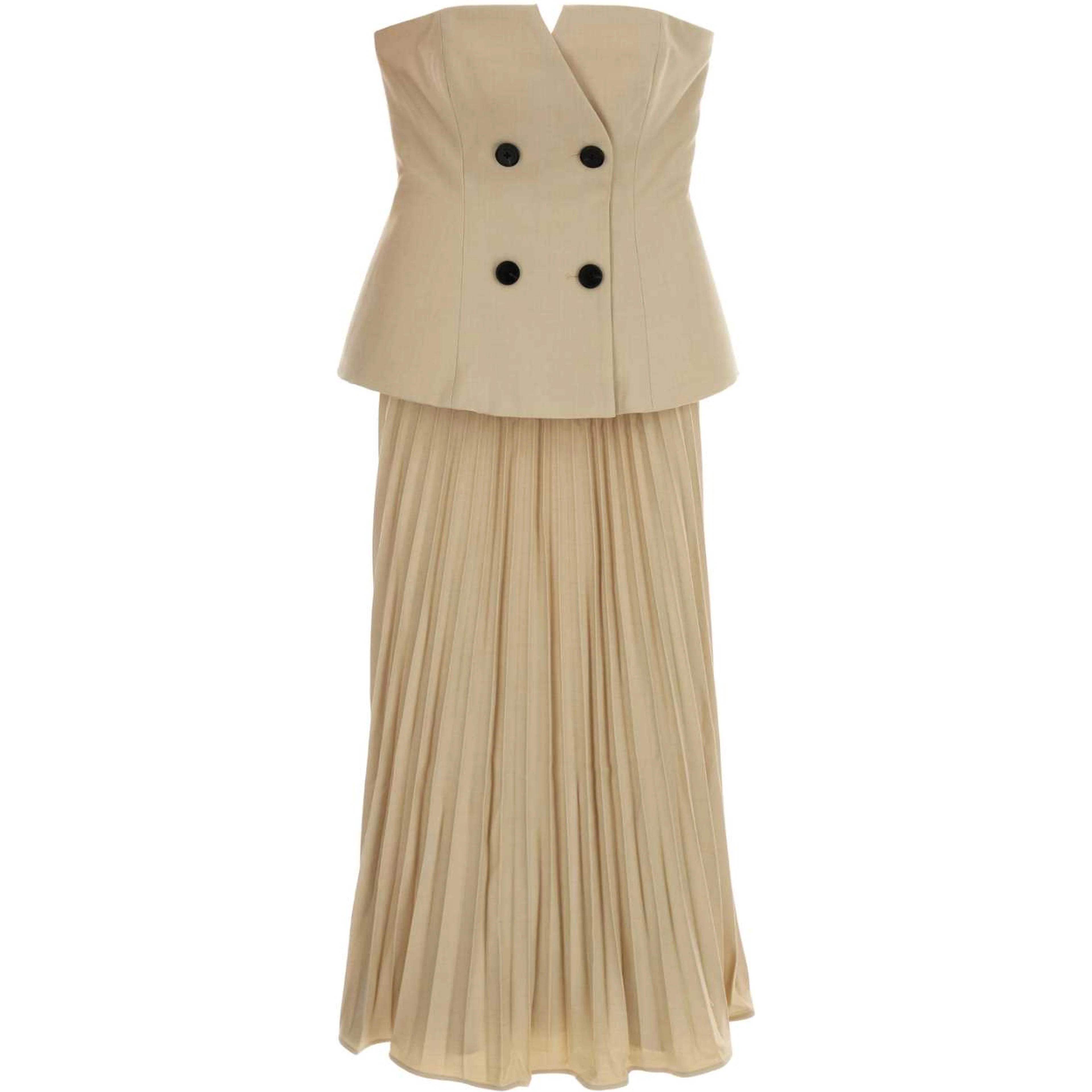 BEIGE BANDEAU PLEATED MIDI DRESS