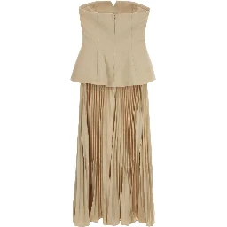 BEIGE BANDEAU PLEATED MIDI DRESS