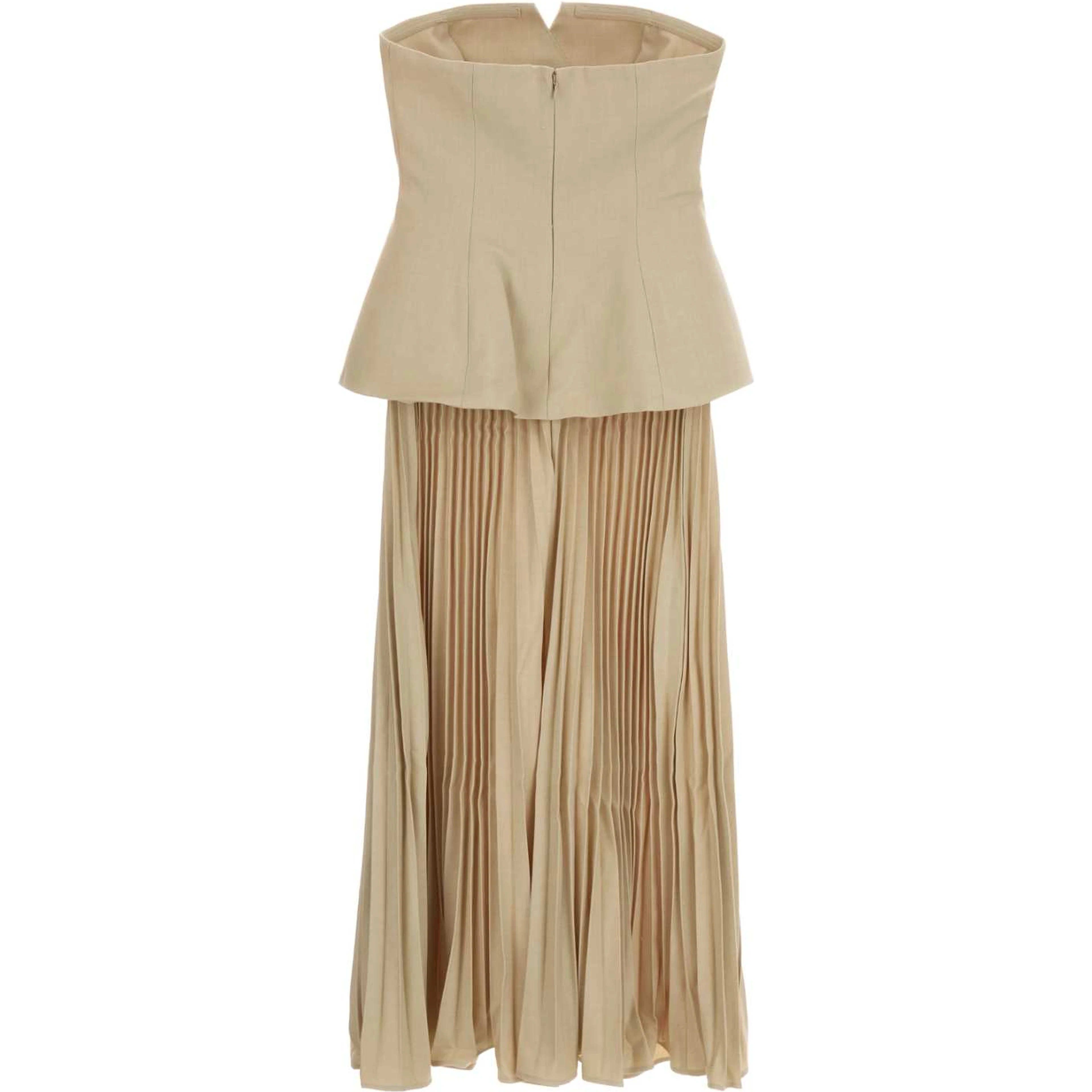 BEIGE BANDEAU PLEATED MIDI DRESS