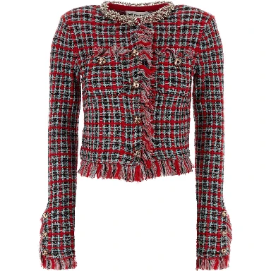 RED CHECK FRAYED KNIT JACKET
