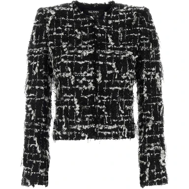 BUTTONED B&W EMBELLISHED TWEED JACKET