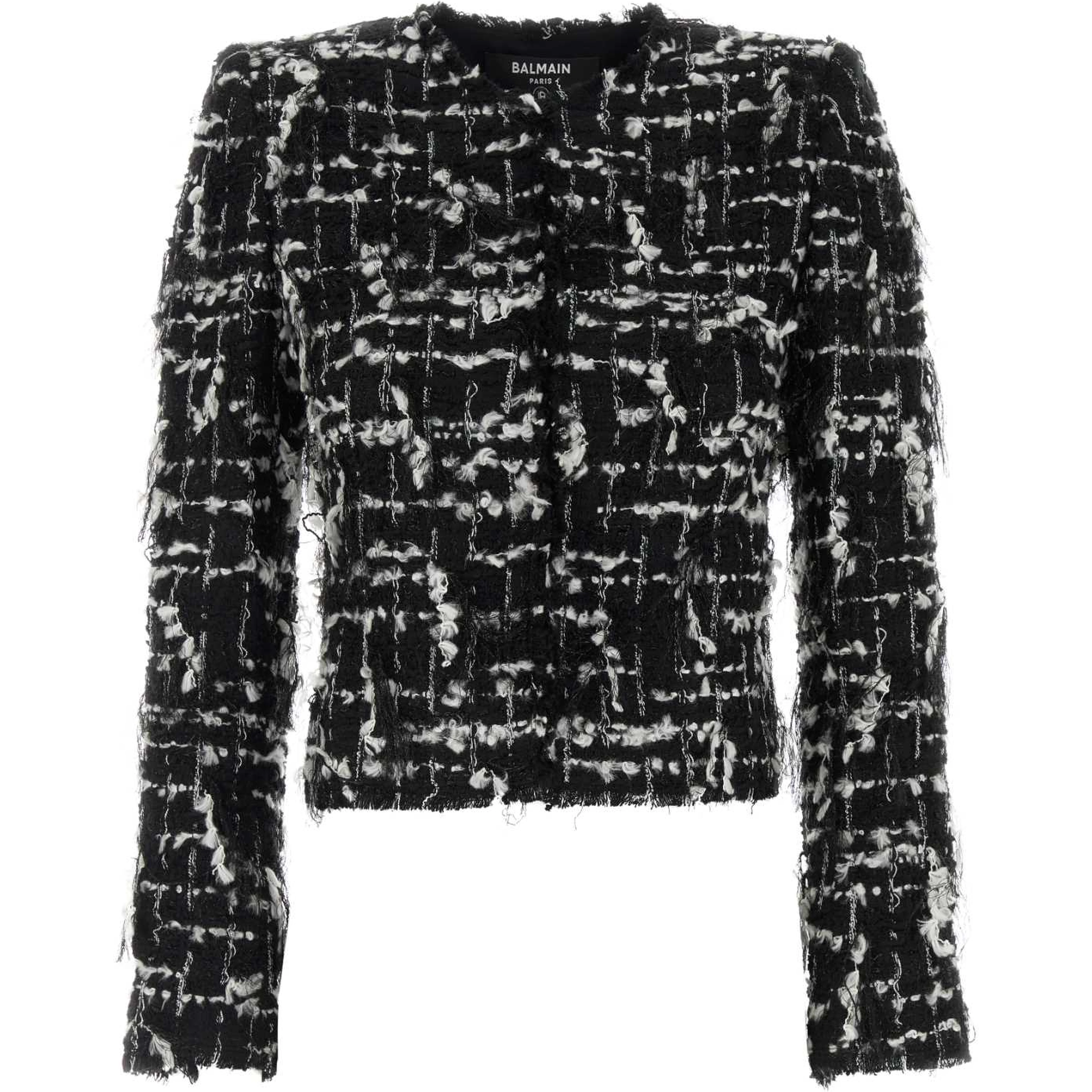 BUTTONED B&W EMBELLISHED TWEED JACKET
