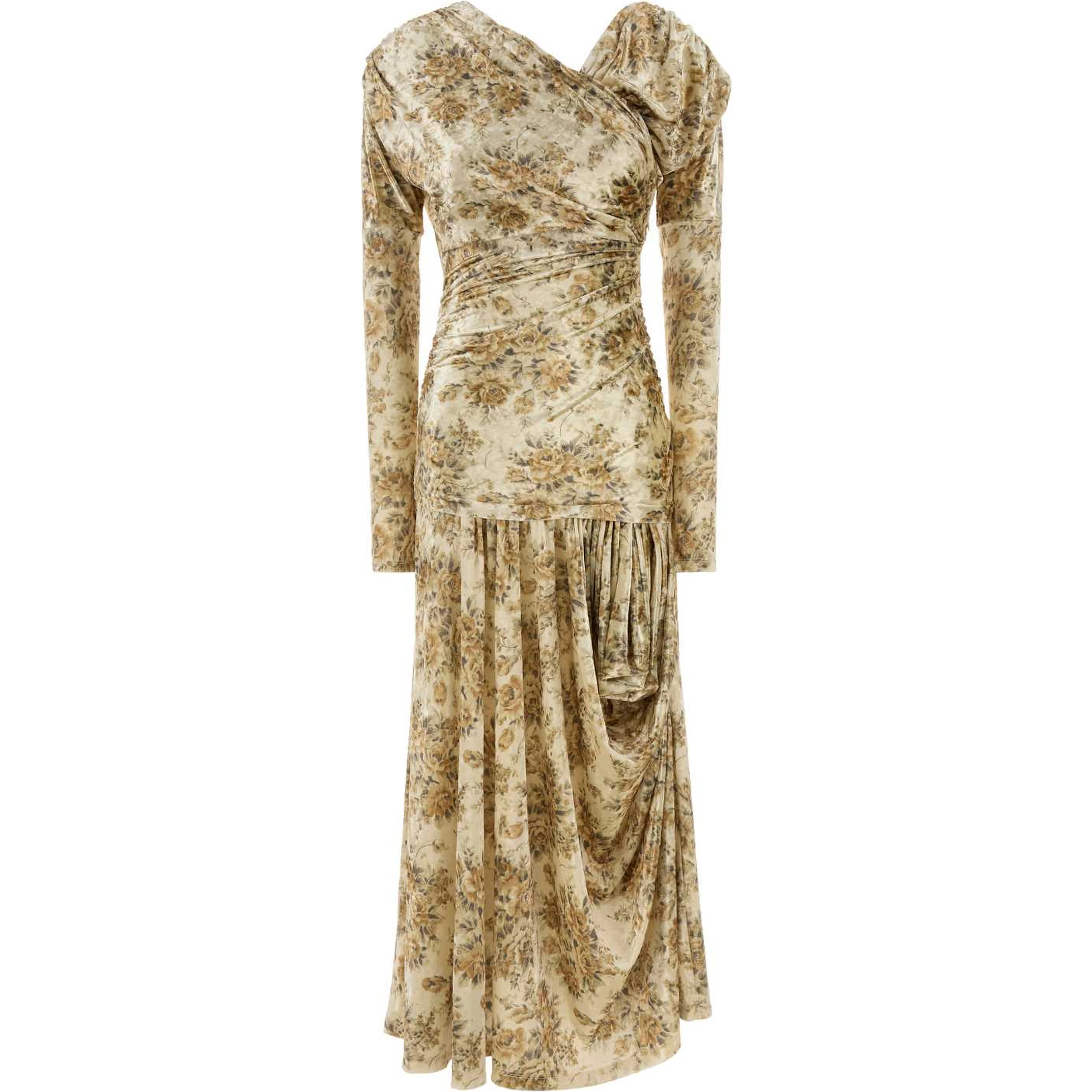 PRINTED VELOUR JERSEY RUCHED LONG DRESS