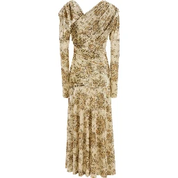 PRINTED VELOUR JERSEY RUCHED LONG DRESS