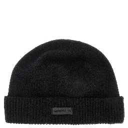 Cashmere beanie hat with leather logo patch