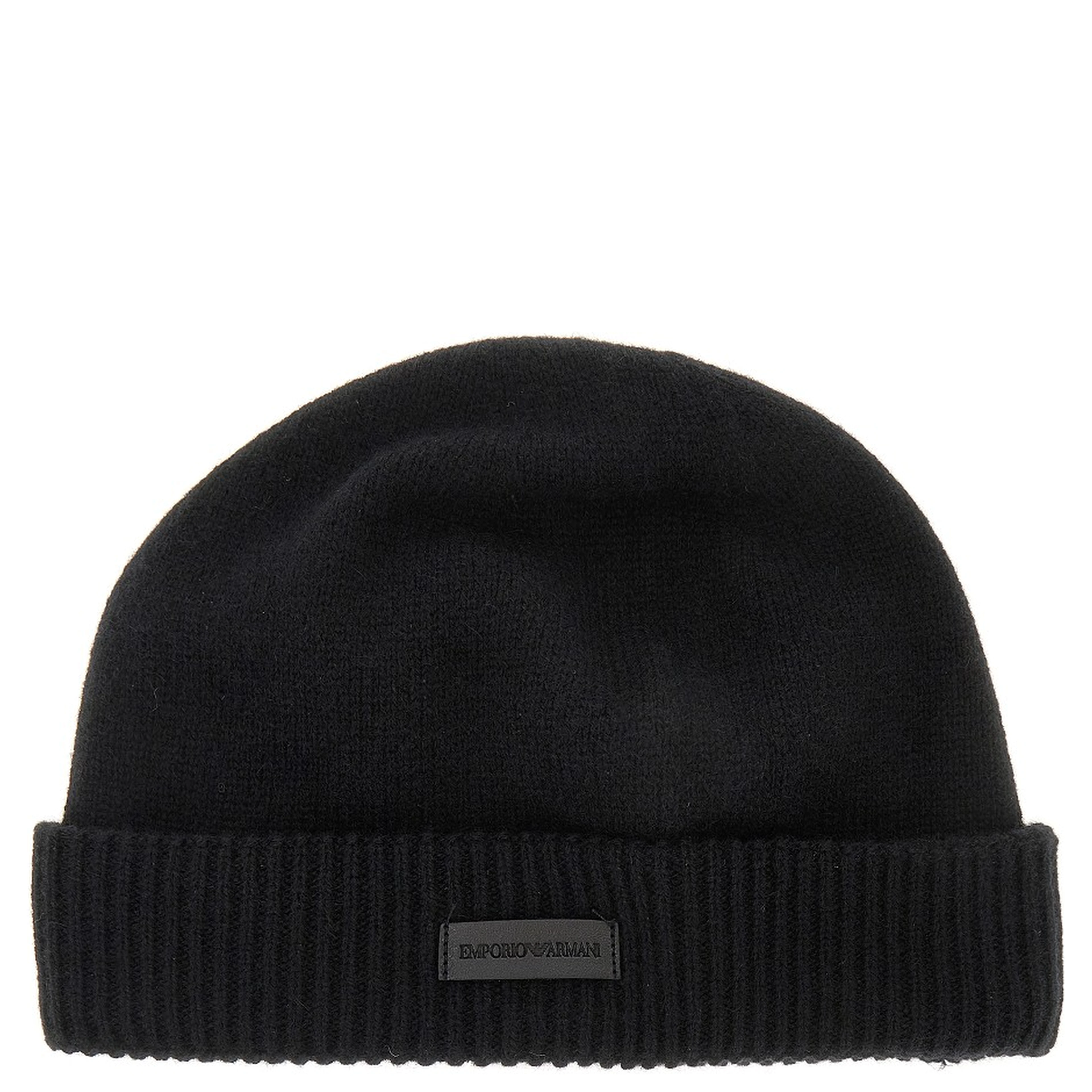 Cashmere beanie hat with leather logo patch