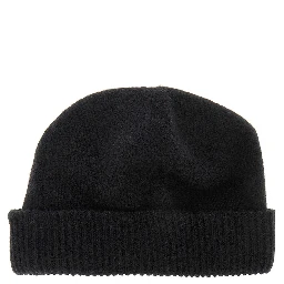 Cashmere beanie hat with leather logo patch