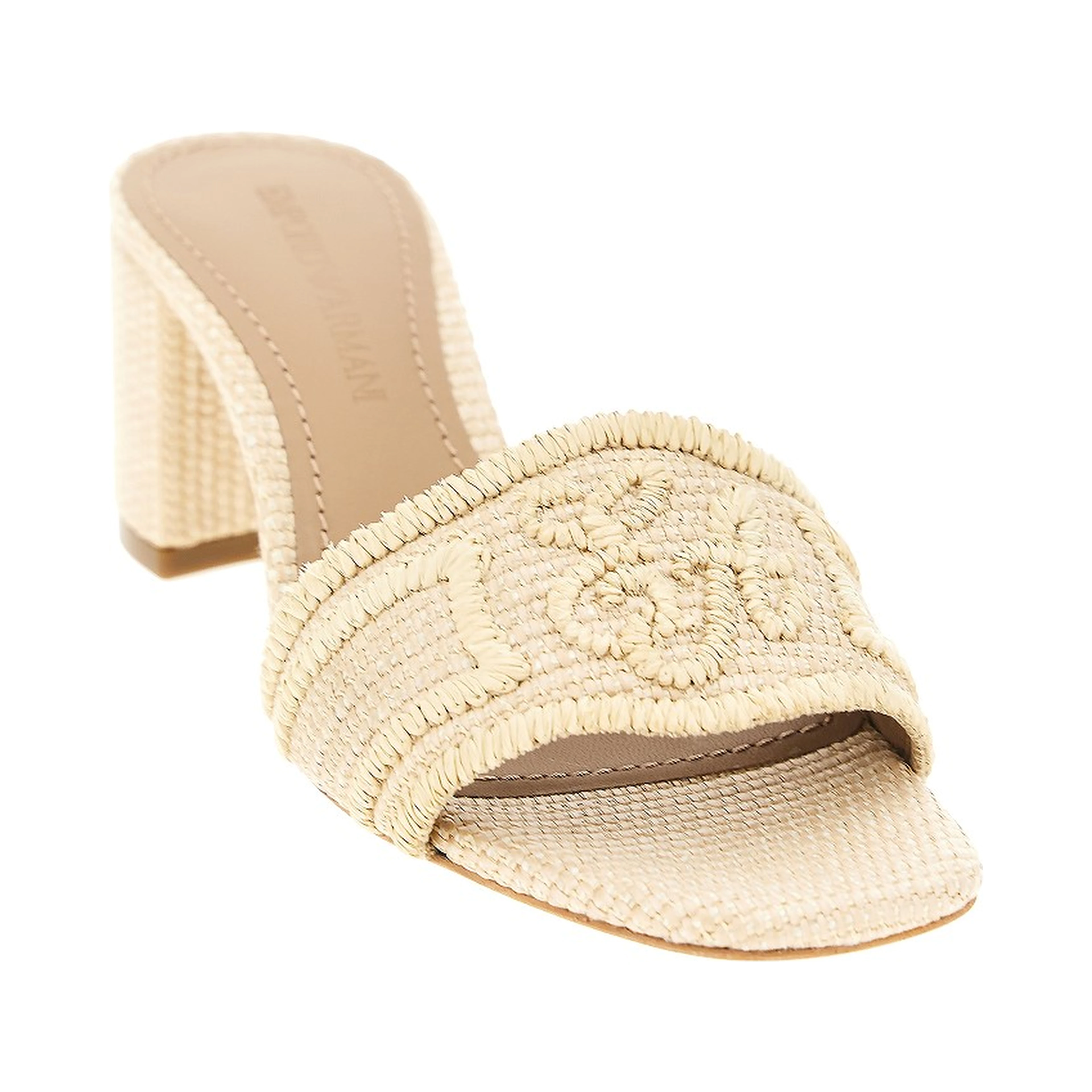 Woven raffia mules with EA logo