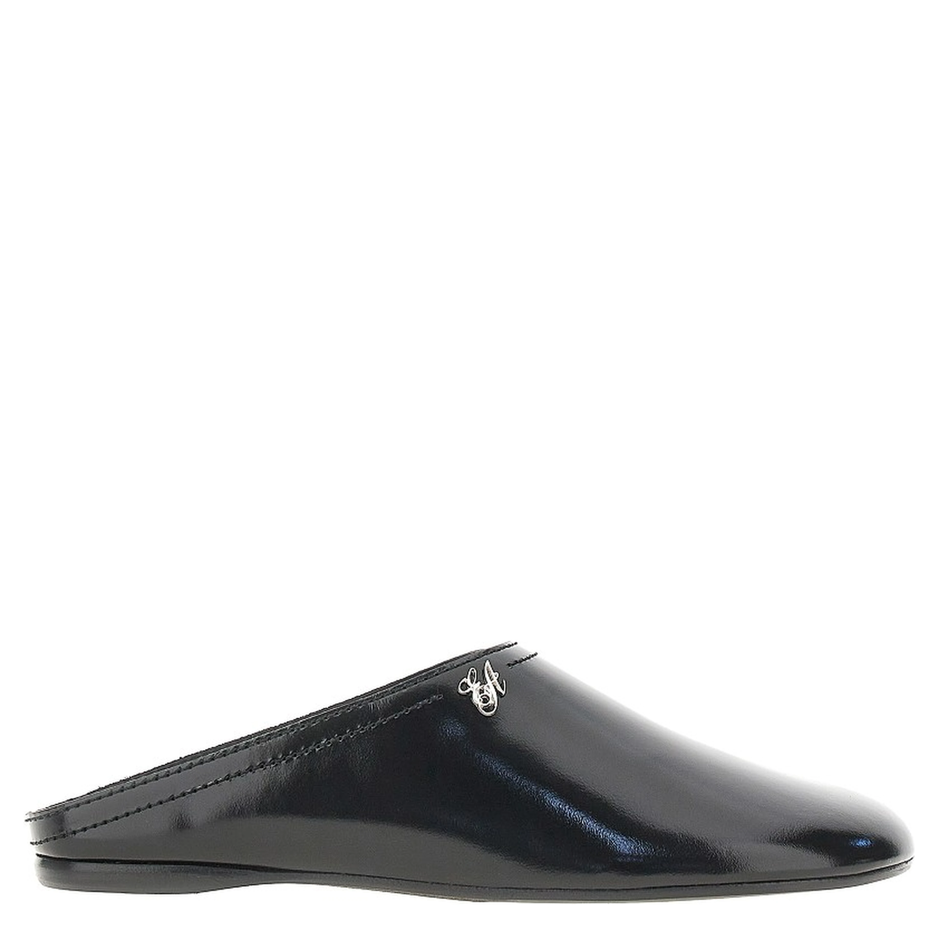 Pantent and brushed leather mules