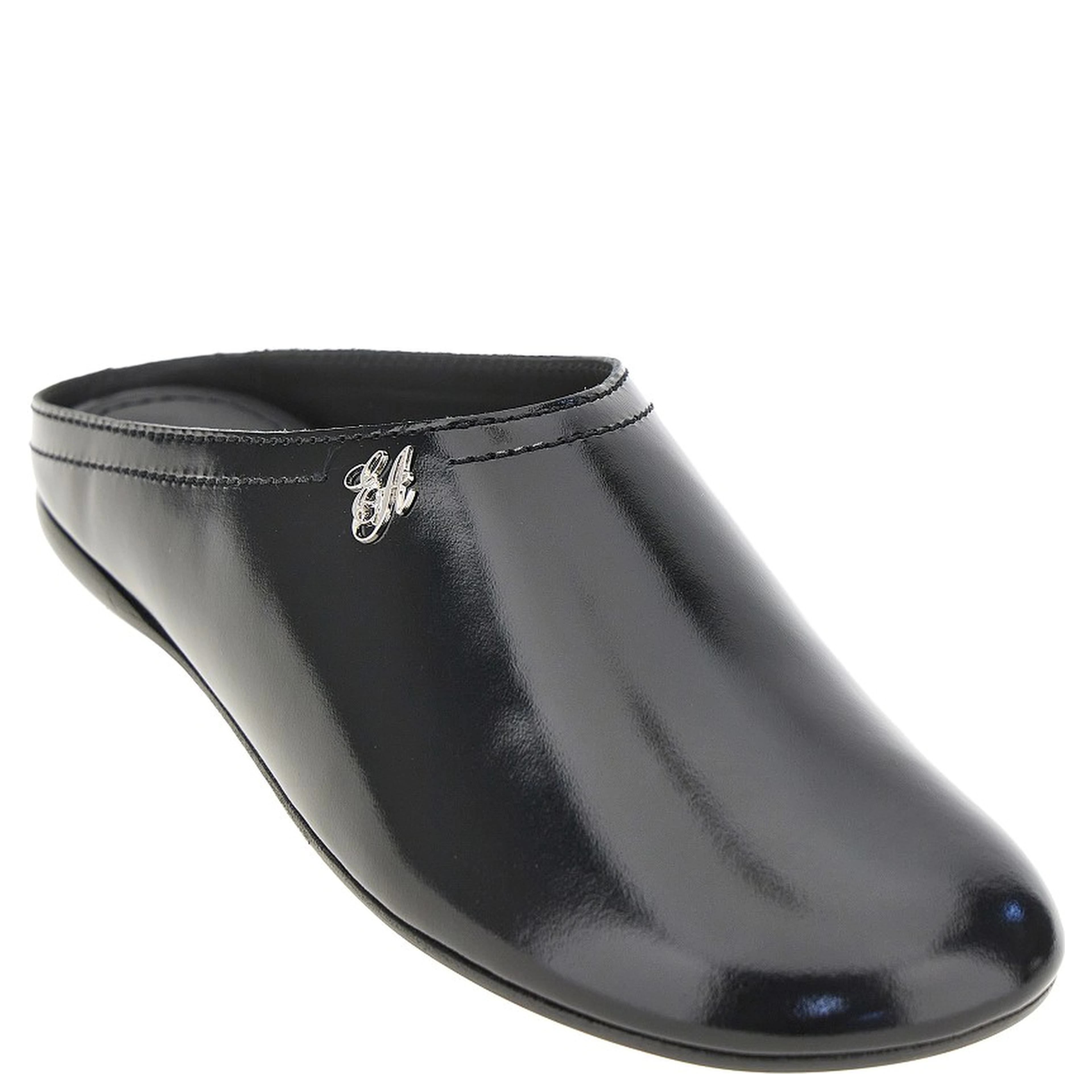 Pantent and brushed leather mules