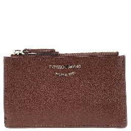 Grained leather card holder with logo