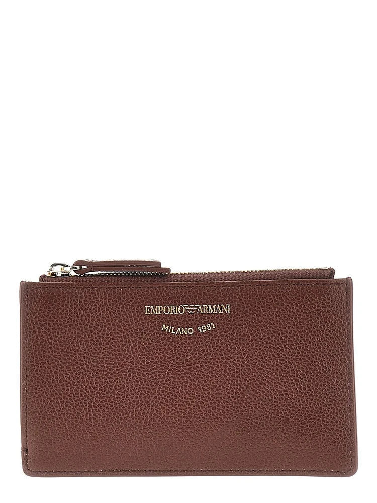 Grained leather card holder with logo
