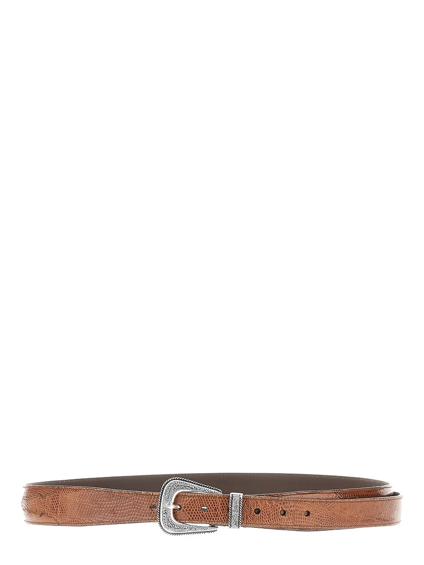 Engraved buckle leather belt