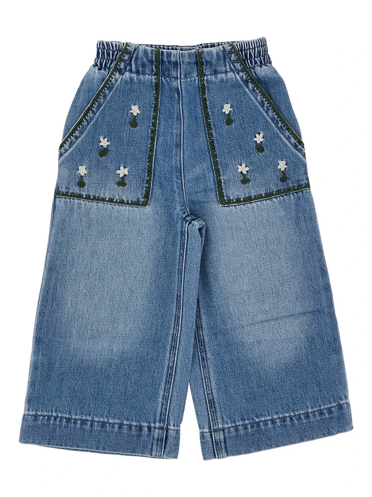 Embroidered flowers denim pants