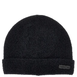 Cashmere beanie hat with leather logo patch