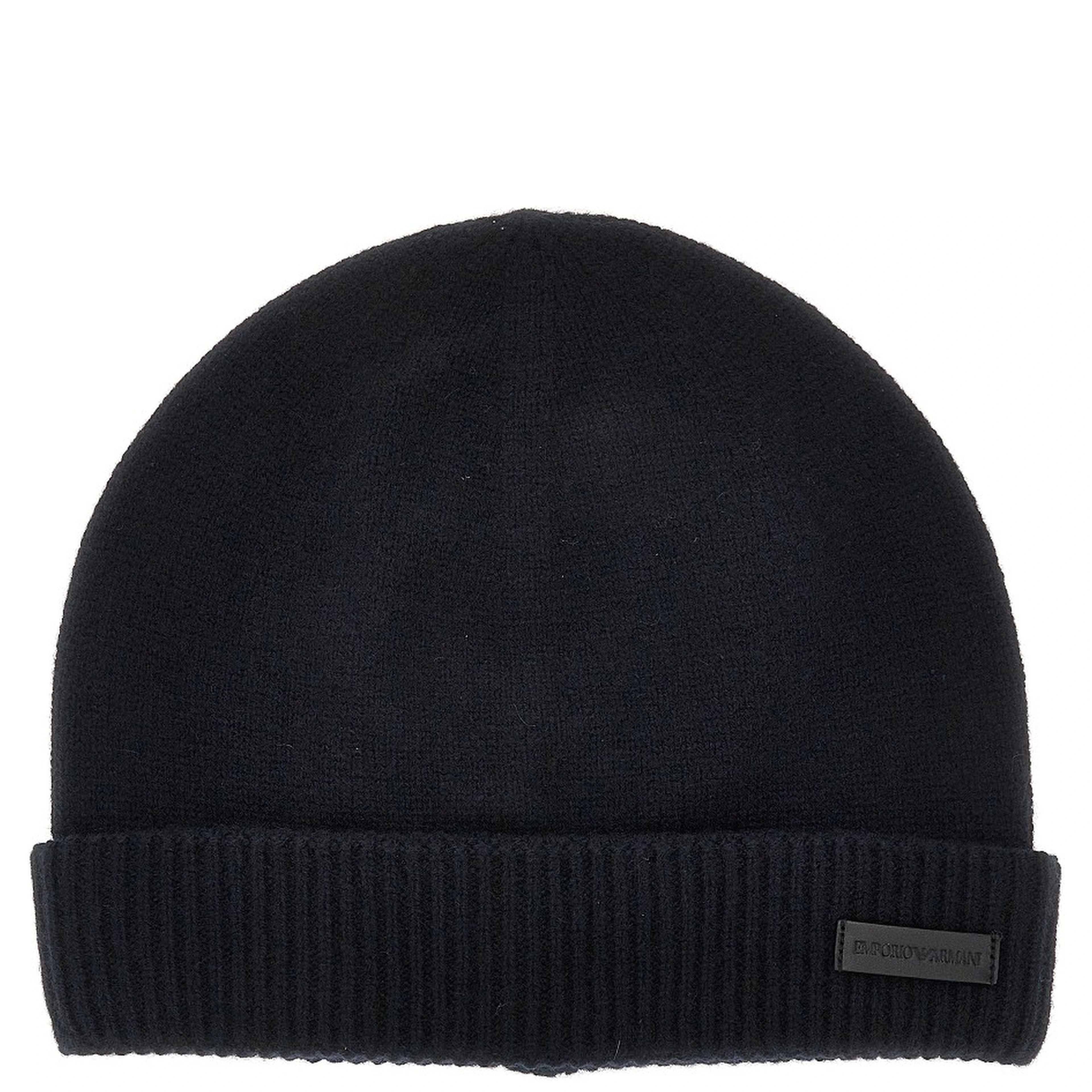 Cashmere beanie hat with leather logo patch
