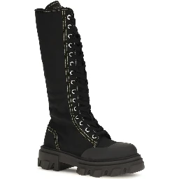 Black Cotton Lace-Up Boots