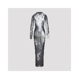 Jean Paul Gaultier Printed Smoking Woman Mesh Long Dress