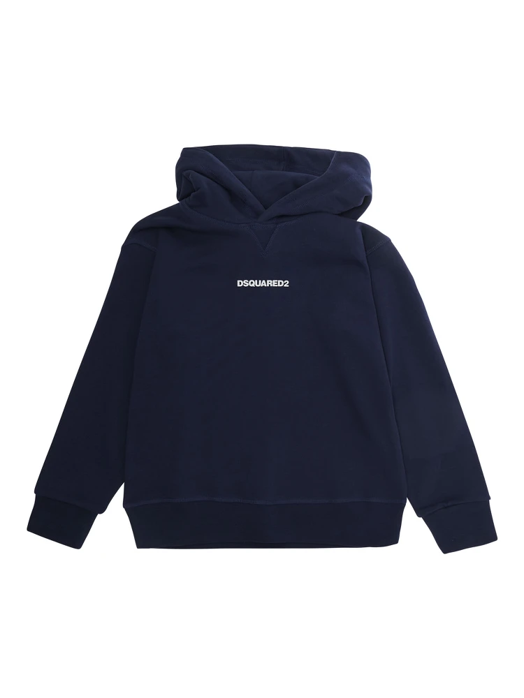 Blue Hoodie with fixed hood and logo lettering on the front in cotton Boy