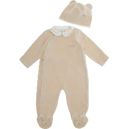 Beige Romper and Beanie with Logo Lettering on the Front and Footies in Blend Cotton Baby