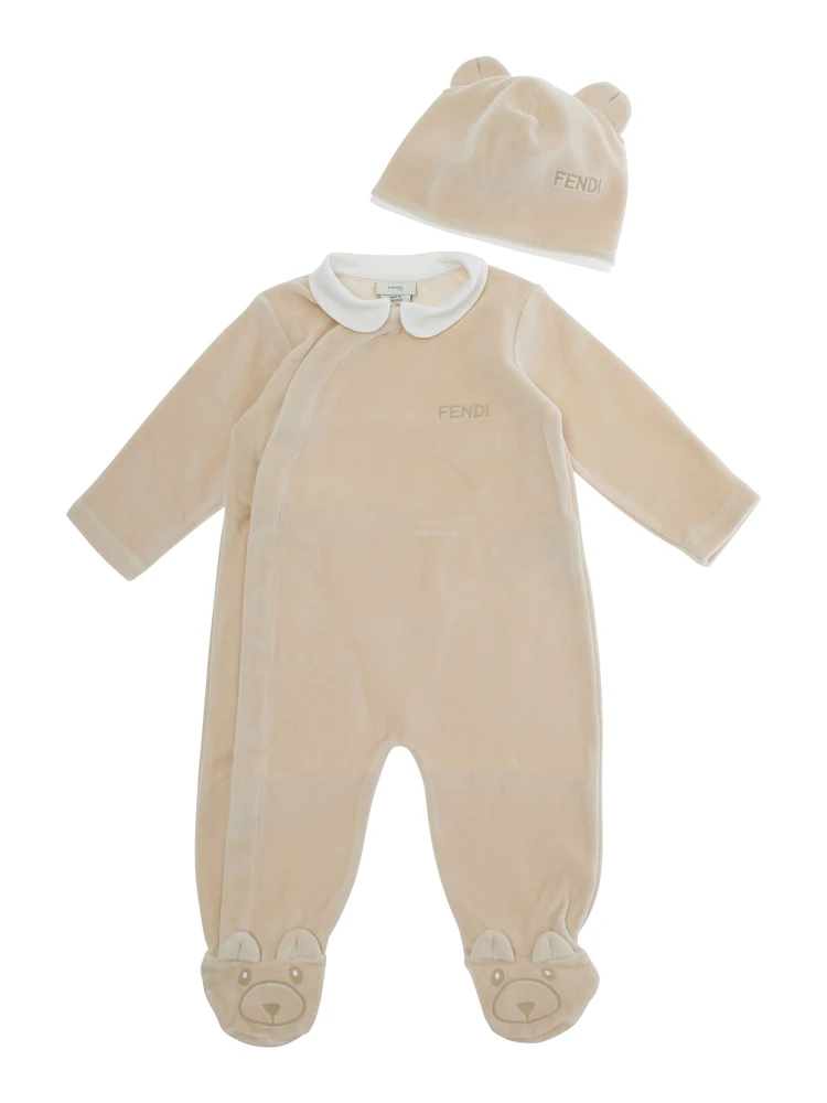 Beige Romper and Beanie with Logo Lettering on the Front and Footies in Blend Cotton Baby