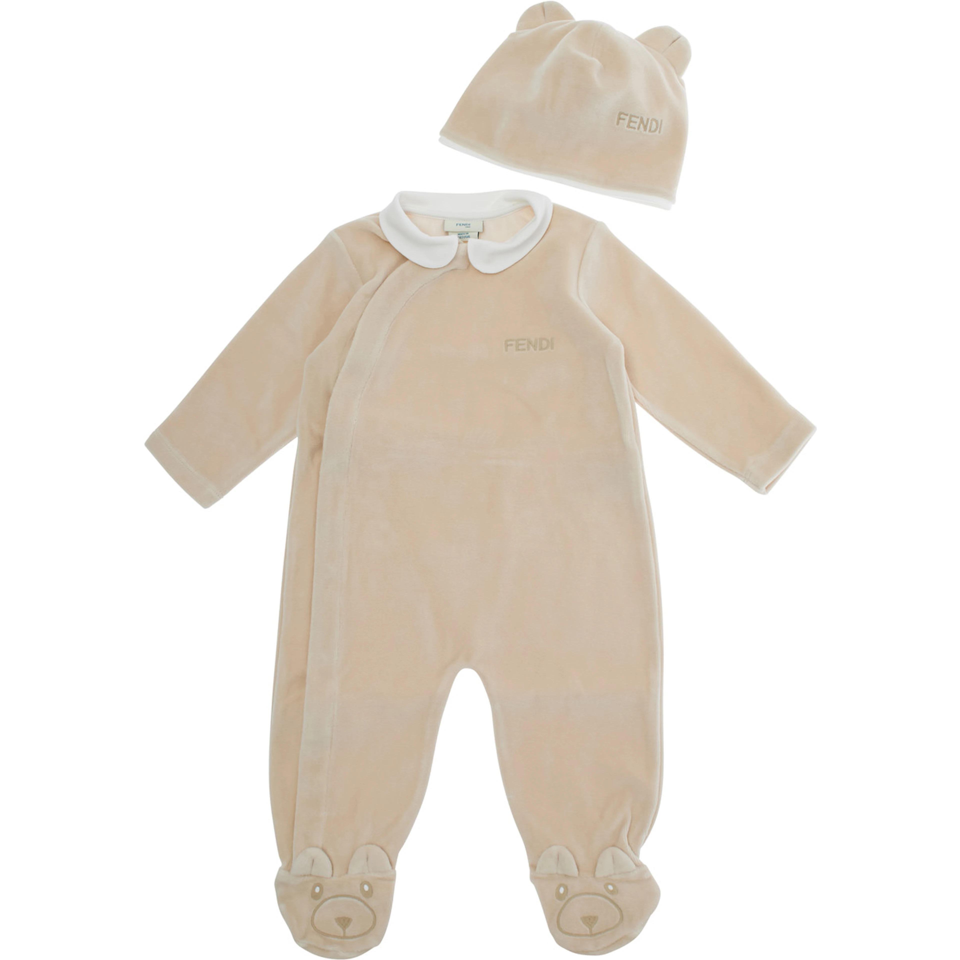 Beige Romper and Beanie with Logo Lettering on the Front and Footies in Blend Cotton Baby