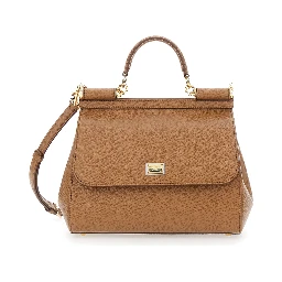 My Sicily Large Handbag with Logo Plate on Front in Grained Brown Leather for Women