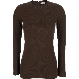 Brown Crew neck T-shirt with Monil detail on the neck and keyhole closure at the back in cotton for women
