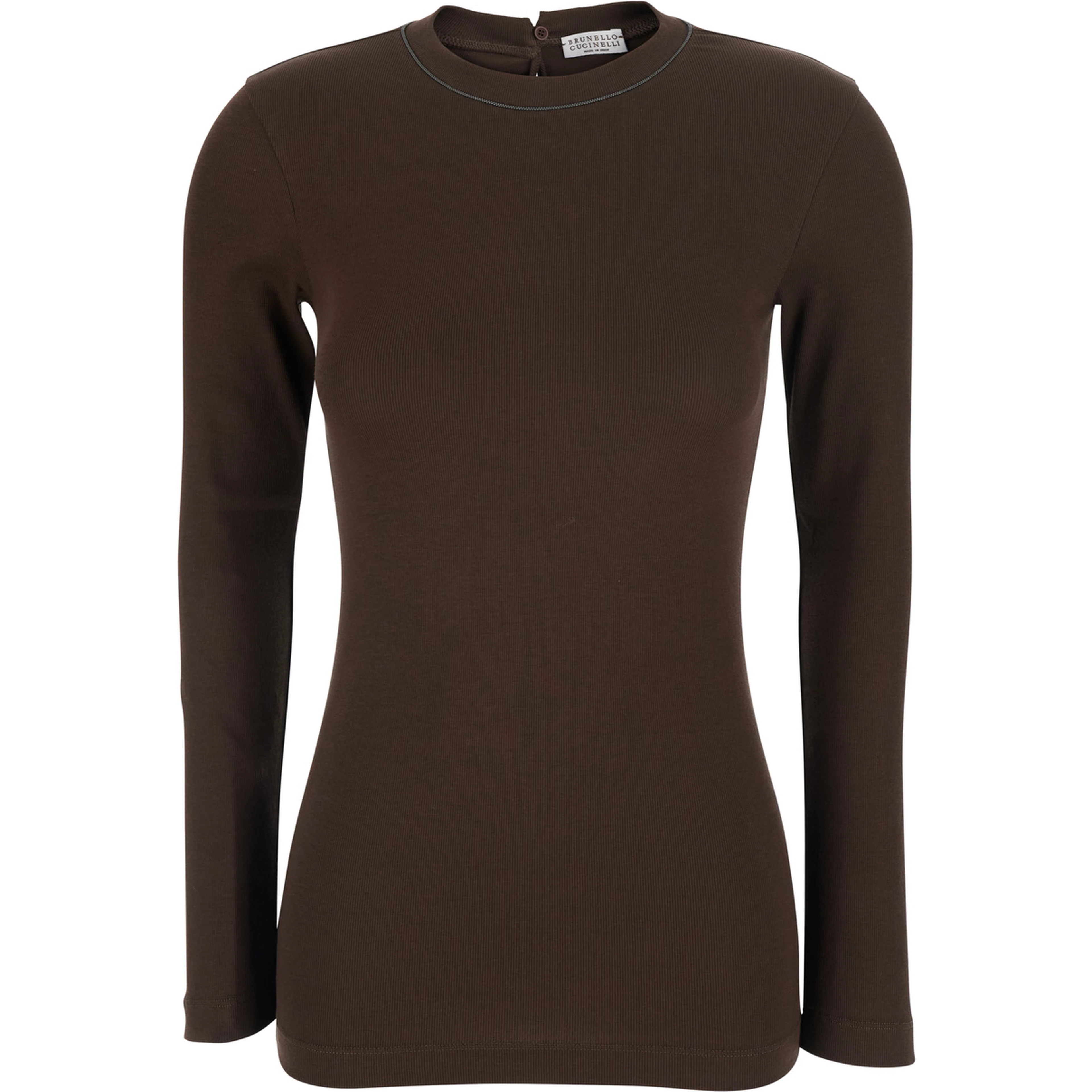 Brown Crew neck T-shirt with Monil detail on the neck and keyhole closure at the back in cotton for women