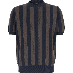 Blue Crew Neck T-shirt with All-Over Striped Motif in Cotton and Silk for Men